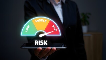 Businessman holding smartphone with risk level indicator rating since low to high for Risk management and assessment concept.