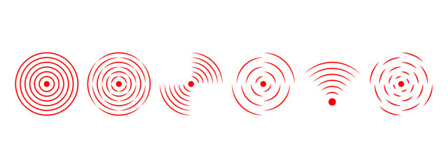 Pain localization or target icons. Sore, hurt, ache or inflammation symbols. Pulse or radiation signs. Wi-fi, radio or sound signal pictograms isolated on white background. Vector flat illustration.