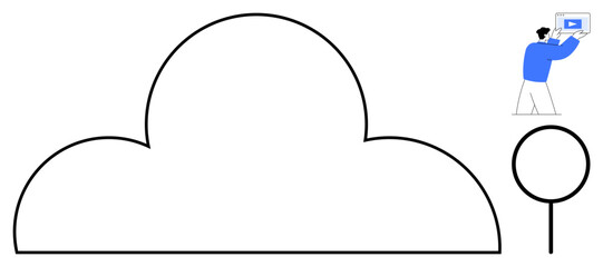 Large cloud outline symbol with a person uploading data on a digital screen. Circle representing data entry. Ideal for cloud computing, data sharing, technology, innovation, digital transformation