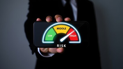 Businessman holding smartphone with risk level indicator rating since low to high for Risk management and assessment concept.