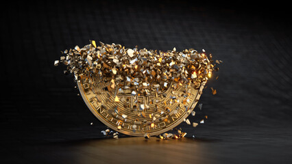Single BTC Golden Coin Falling to many Pieces on to a dark surface. 3D Render