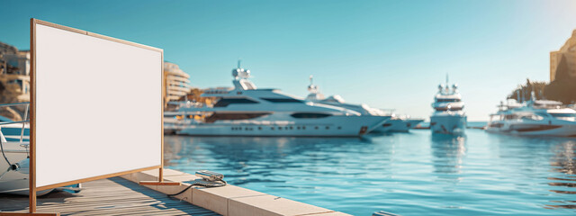 Draped White Banner on Dock With Luxury Yachts, Ideal for Minimalist Design Mockup in Bright Sunlight