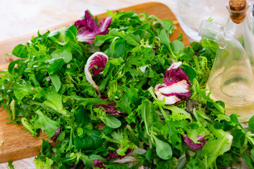 Heap of fresh green leaves of endive radicchio and field salad