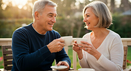Mature couple enjoying coffee outdoors, sharing a moment of connection and smiles in a serene and natural setting.