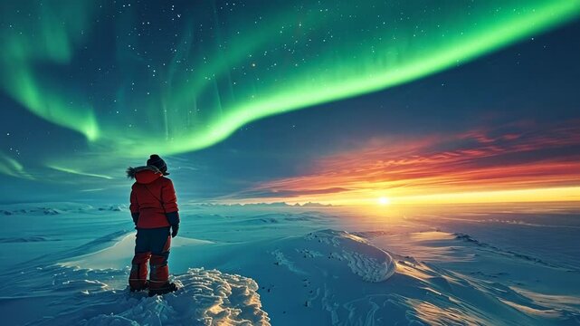 Majestic Aurora Borealis, A lone traveler gazing at the Northern Lights in the Arctic landscape