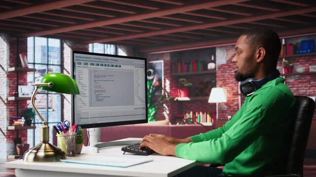 Tech savvy black engineer developing secure online program at home. Surrounded by binary data, freelancer works on interface design, script optimizations and network systems. Camera B.