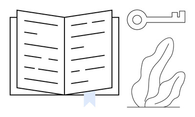 Open book with lines suggesting text, ribbon bookmark, classic key, and stylized plant. Ideal for learning, education, access, reading, research creativity discovery and a simple landing page