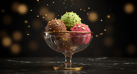 Helado de lujo con polvo de oro como si estuvieras viendo un anuncio.