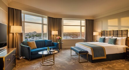 Lujosa habitación de hotel con vista panorámica al atardecer
