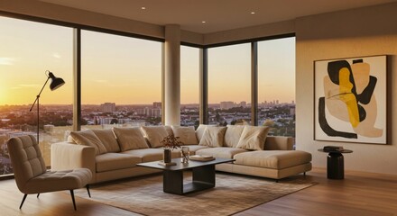 Sala de estar moderna con vista panorámica al atardecer