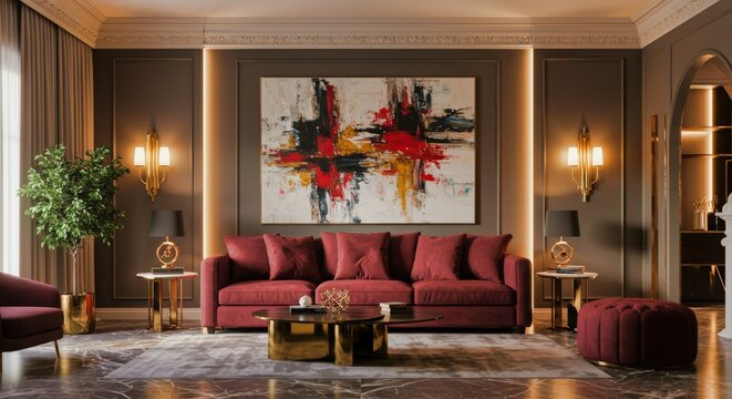 Sofá burdeos en salón elegante con arte abstracto y detalles dorados