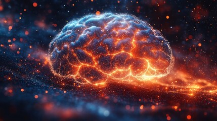 Obraz premium Glowing brain made of bright orange and blue flickering lights, symbolizing creativity, energy, and neural activity in a cosmic environment.