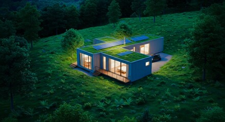 Casa ecol&oacute;gica de contenedores en bosque nocturno