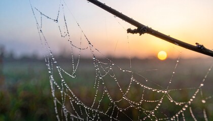 Close-up of dew-covered spiderweb during the dawn