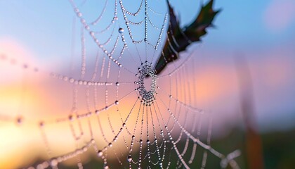 Close-up of dew-covered spiderweb during the dawn