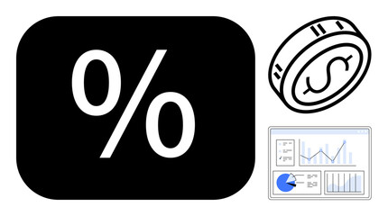 Percentage sign, coin with dollar mark, and analytics dashboard displaying graphs and pie chart. Ideal for finance, investment, economics, business data, growth analysis, statistics or simple