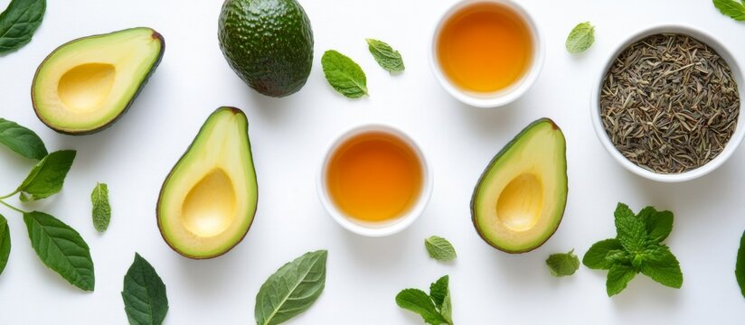 A flat lay of fresh avocados and green leafs on white background with small bowls filled with mint tea and herbs, top view. 