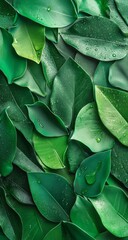 Obraz premium A flat lay of lush green leaves creates an abstract background for the eco-friendly product. The focus is on natural textures and patterns, with water droplets adding detail to create depth.