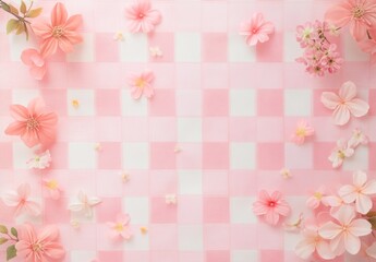 Delicate pink flowers on a checkered tablecloth