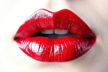 Obraz premium Bold crimson pout, stark white isolated setting, cosmetic, crimson lips, matte