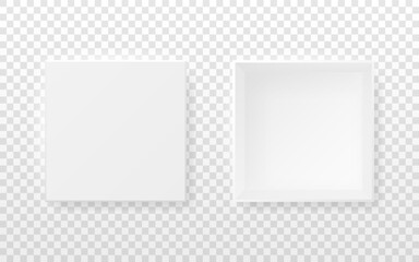 Box mockup top view. White square package with closed and open views on transparent background. Realistic design for branding or product presentation. Vector illustration.