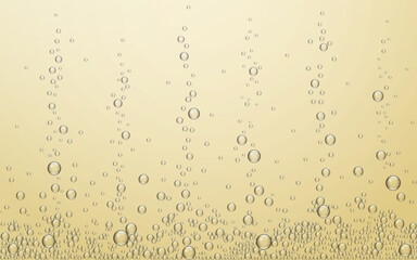 Champagne bubbles rising in sparkling background. Golden drink template for celebration, anniversary or party design. Elegant and light texture. Vector illustration.
