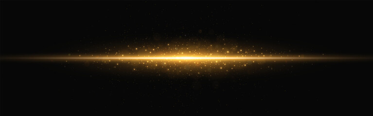 Gold glow. Light burst with sparkles on dark background. Horizontal sparkling light for energy, luxury or magic design. Bright and radiant shine. Vector illustration.