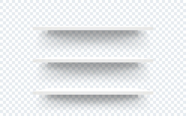 Shelves isolated on transparent background. Empty supermarket racks. White shelves for product display, interior design or showcase. Minimal and clean layout. Vector illustration.