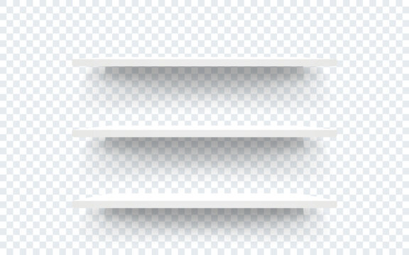 Shelves isolated on transparent background. Empty supermarket racks. White shelves for product display, interior design or showcase. Minimal and clean layout. Vector illustration.