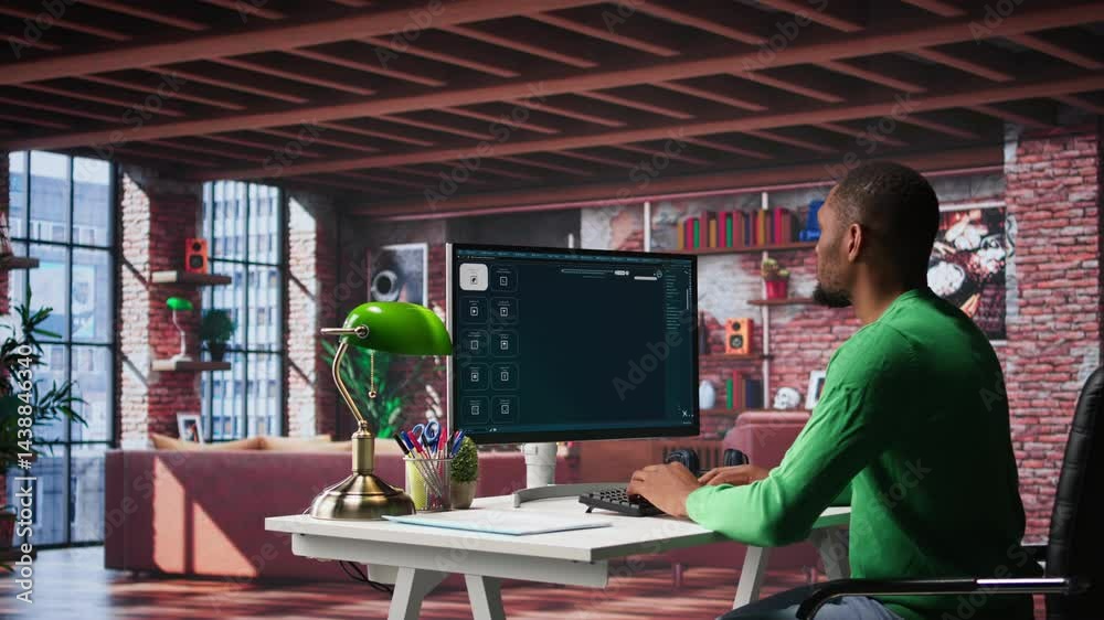 Fototapete African American worker using generative AI program with photos in a modern loft. Young man creating visual content with deep learning models and prompts on monitor with AI interface. Camera B.