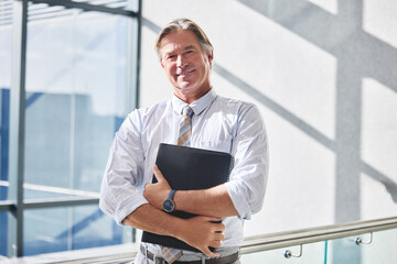 Portrait, mature man and smile with file, proud and happy with business of real estate and...