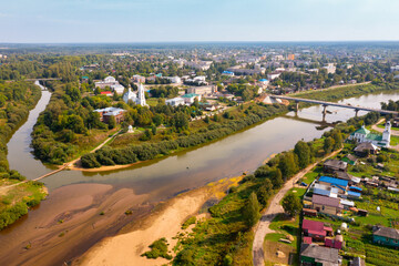 Fototapeta premium View from drone of Buy town with Blagoveshchensky cathedral at Kostroma region, Russia