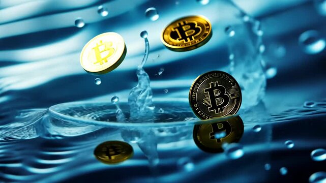 Bitcoins splashing and floating on water surface in dynamic motion sequence