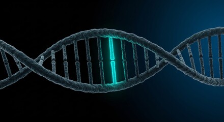 DNA strand with glowing green section on dark background. Genetic modification concept. Biotechnology and gene editing for World DNA Day and National Science Day
