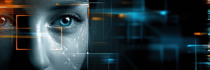 Biometric Scanning Technology Overlays Analyzing Human Facial Features for Secure Identity Verification