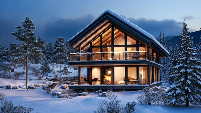 Cozy chalet in winter wonderland with snowfall and warm interior lights