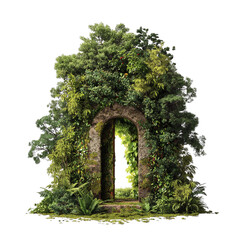 Enchanted doorway surrounded by lush greenery, concept of discovery and mystery, clear background --v 7.0