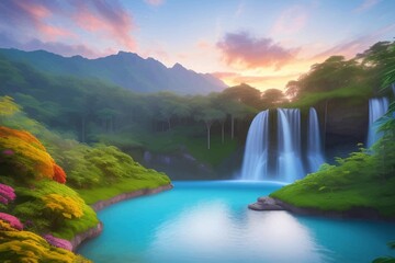 Fototapeta premium Beautiful and Peaceful Nature Scenery Illustration Landscape Countryside Tranquil Vibrant and Colorful