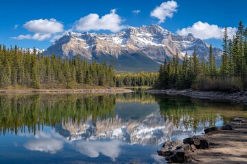 Serene mountain lake reflecting a clear sky