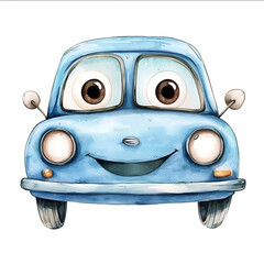 Watercolor cartoon drawn carelessly hand drawn cartoon blue car with cute cartoon eyes isolated on white background in detailed clip art style simple watercolor illustration with cle