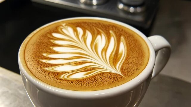 Artistic latte art creation in progress with intricate leaf design