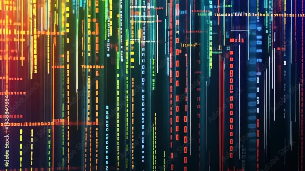 Poster dynamic digital data stream with vibrant multicolored light patterns