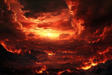 Fiery apocalyptic landscape.  Vast, fiery, burning, volcanic, and ominous scene.  Sunrise through a fiery sky
