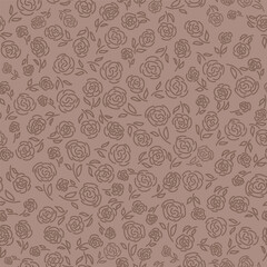 Dense Ditsy Florals of Coffee Brown Roses in a Line Art Style on a Chocolate Mocha Background creating a seamless pattern print