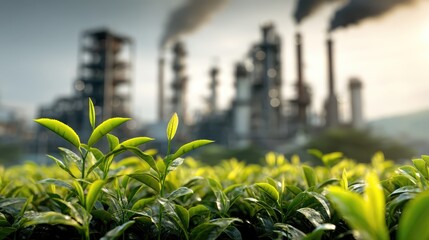 Oil and Gas Desalination Plant Near Green Farming Area – Aerial View of Energy and Agriculture Integration