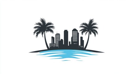 Cityscape with palm trees on an island, logo or graphic design