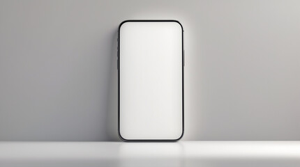 Minimalist Smartphone Showcase: A modern smartphone with a blank screen is elegantly propped against a sleek wall, creating a captivating visual perfect for technology and design projects.