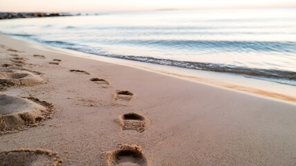 Footprints leading along a sandy beach towards the tranquil sea, evoking a sense of peace and journey. The prints seem to tell a story of exploration and contemplation.