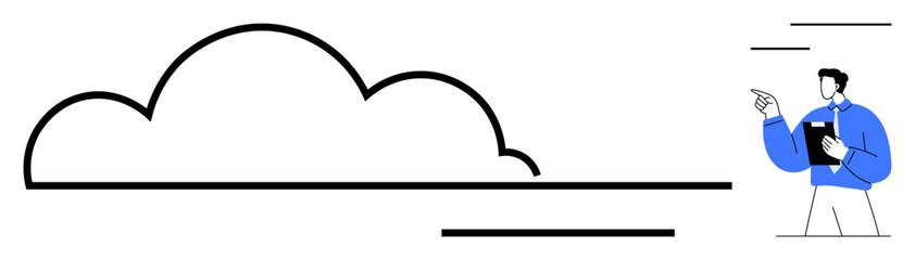 Cloud with bold outlines connected to a professional holding documents and gesturing. Ideal for technology, communication, storage, collaboration, data sharing, IT support, business growth flat