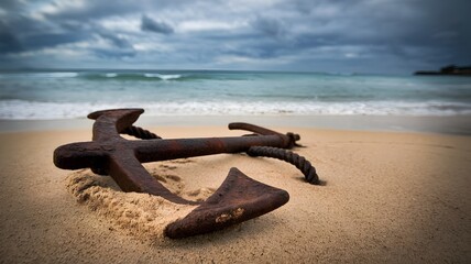 An old rusty anchor resting on a sandy beach against a background of the sea and cloudy sky. The anchor symbolizes hope, stability and security.